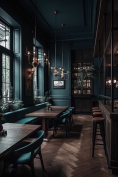 an empty restaurant with wooden tables and chairs