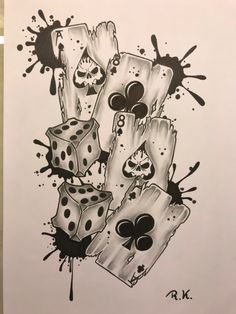 a black and white drawing of dices with skulls on them