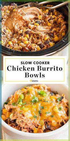 slow cooker chicken burrito bowls with text overlay