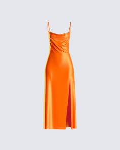 A gorgeous little pop of color is an essential for any closet 🧡 Radiate light into everyone's life with this orange-satin mini dress made from a flowy-satin fabric and complete with a cowl neck and front side slit ☀️ Orange Satin Dress, Famous Clothes, White Corset Dress, Lil Black Dress, Future Of Fashion, Red Mini Skirt, Welcome To The Future, Orange Satin, Glamorous Dresses