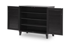 a black cabinet with shutters on the front and bottom shelves, open to reveal an empty shelf