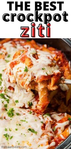 the best crockpot zitti recipe is made with chicken, cheese and parmesan