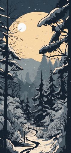 an image of a snowy forest scene with trees and mountains in the background at night