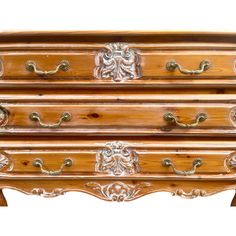 an old wooden dresser with ornate carvings on the top and bottom drawers, isolated against a white background