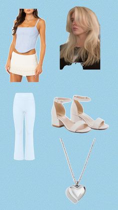 a woman's outfit and accessories including shoes, necklaces, and bra top