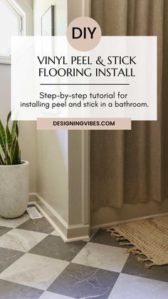 a bathroom with checkered flooring and a potted plant on the side of the bathtub