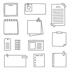 a set of paper notes and notepads on a white background with clippings