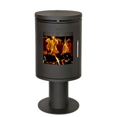 a black stove with flames in it on a white background and the top is open