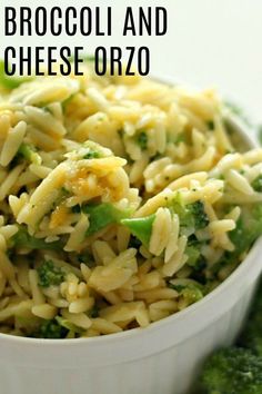 broccoli and cheese orzo in a white bowl