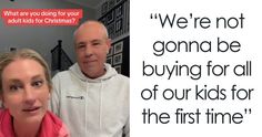 a man and woman sitting next to each other in front of a sign that says, we're not going to be buying for all of our kids for the first time