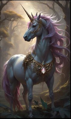 a unicorn with pink hair standing in the woods