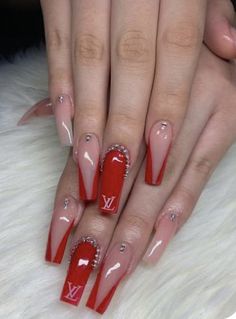 Red Glitter Acrylic Nails Coffin, Red Medium Coffin Acrylic Nails, Cute Red Nails Ideas, Cute Short Red Acrylic Nails, Red V Nails, Red Nails Ideas Coffin Medium, Bright Red Acrylic Nails Designs, Red Arclyc Nails, Red Long Nails Designs