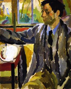 a painting of a man sitting at a table