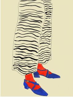 a drawing of a woman's legs in blue and red shoes with black stripes