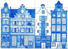 a blue and white drawing of some buildings