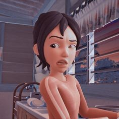 an animated woman sitting in front of a sink