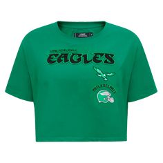 NFL PHILADELPHIA EAGLES RETRO CLASSIC WOMEN´S BOXY TEE (KELLY GREEN) – Pro Standard Green Short Sleeve Cropped T-shirt For Streetwear, Green Cropped T-shirt With Short Sleeves For Streetwear, Green Crew Neck Top With Team Logo, Green College Football Season Tops, Green Letter Print Tops For Football Season, Green Tops For College Football Season, Green Team Name Fan Apparel Tops, Green Team Spirit Tops With Team Name, Green Fan Apparel Top With Team Name