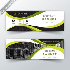 two horizontal banners with black and green lines on the front, one for corporate business