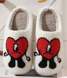 Color: White With Red Heart Slide Bedroom, Heart Slippers, Aesthetic Wear, Elf Slippers, Baby Slide, Hippie Shoes, Girls Fur, Bunny Slippers, Dr Shoes