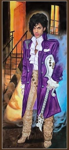 a painting of prince holding a guitar in front of a stairway with stairs leading up to it