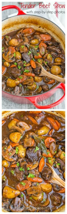 two pictures show the same food in different pans, one is beef stew and the other has potatoes