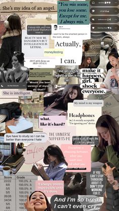 a collage of images with words and pictures on them, including an image of a woman's face