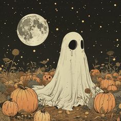 a ghost sitting in the middle of a field with lots of pumpkins around it