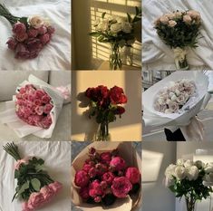 many different bouquets of flowers on a bed