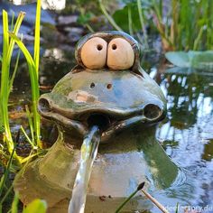 a frog fountain with two googly eyes on it's head and water running from its mouth