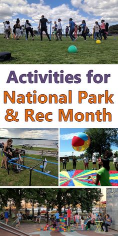 the cover of activities for national park and rec month, with images of people playing in an open field