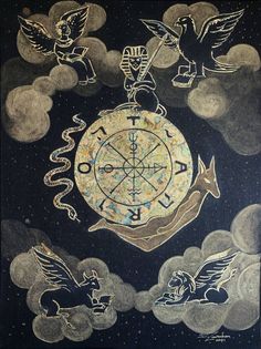 an image of a clock with angels and snakes on it in the sky above clouds