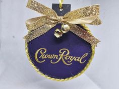 Handmade wooden ornament, using Crown Royal bags. Crown Royal Christmas Ornaments, Crown Royal Christmas Tree Ornaments, Royal Christmas Tree, Crown Royal Bag Quilt Pattern, Crown Royal Pillow, Crown Royal Purple Fabric, Crown Royal Whiskey, Crown Royal Quilt, Green Crown