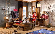 a child's bedroom decorated in pirate theme