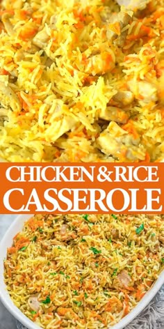 chicken and rice casserole is shown in two different bowls with the words, chicken and rice casserole