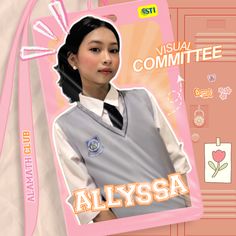 the girl is wearing a school uniform and has a pink frame around her neck that says, visual committee allysa