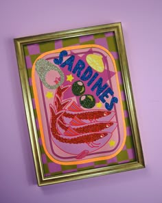 a painting on the wall with words sardines above it and fish in a bowl