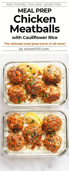 chicken meatballs with cauliflower rice in two pans