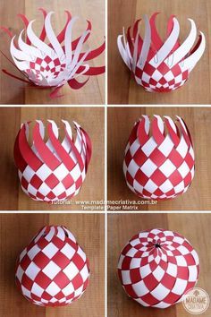 the steps to make a paper basket with red and white checkered designs on it