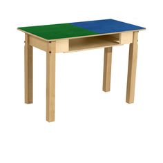 a wooden table with a green and blue top on the bottom, in front of a white background