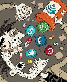 an image of a cartoon character surrounded by social media icons and other things in the air