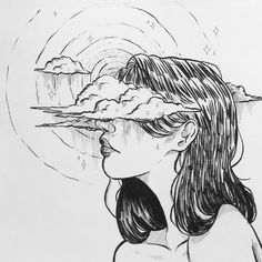 a drawing of a girl looking at the sky with clouds floating over her head and rain falling down on her face