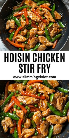 chicken stir fry with green beans and carrots in a skillet