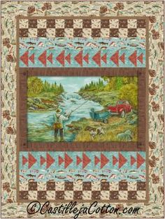 a quilt with an image of a man fishing on the river and two red arrows