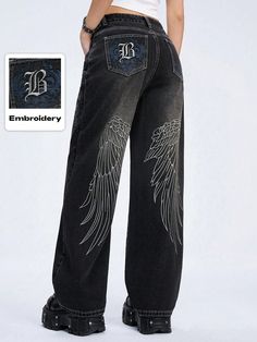 Women's Low-Waist Wide-Leg Jeans With Street Hip-Hop Punk Style And Wings Embroidery, School Black    Denim Graphic Straight Leg Non-Stretch  Women Clothing, size features are:Bust: ,Length: ,Sleeve Length: Jeans With Patterns, Customising Clothes, Wings Embroidery, Graphic Jeans, Jeans Grunge, Grunge Jeans, Casual Denim Jeans, Clothing Wishlist, Slim Straight Pants