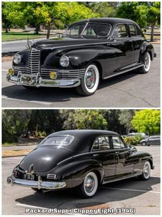 an old black car parked in a parking lot next to another classic car on the street