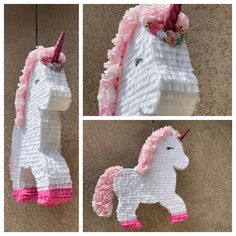 three pictures of an origami unicorn with pink flowers on its head and tail