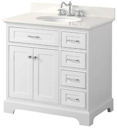 a white bathroom vanity with drawers and a sink on it's side, in front of a white background