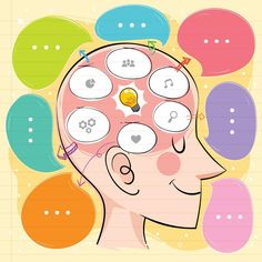 a drawing of a person's head with many different types of speech bubbles above it