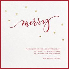 a christmas card with the word merry written in red and gold stars on white paper