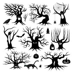 black and white halloween tree silhouettes